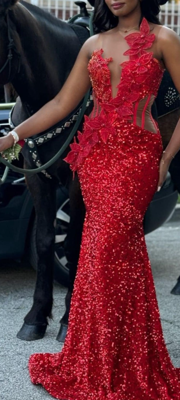 Charming Red Sleeveless Sequin Appliques Mermaid Prom Dress Long Evening Gown