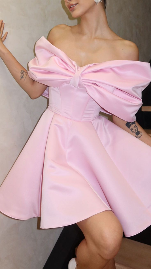Cute Bow Off The Shoulder Pink A Line Formal Short Graduation Homecoming Dress Birthday Outfits Y9333