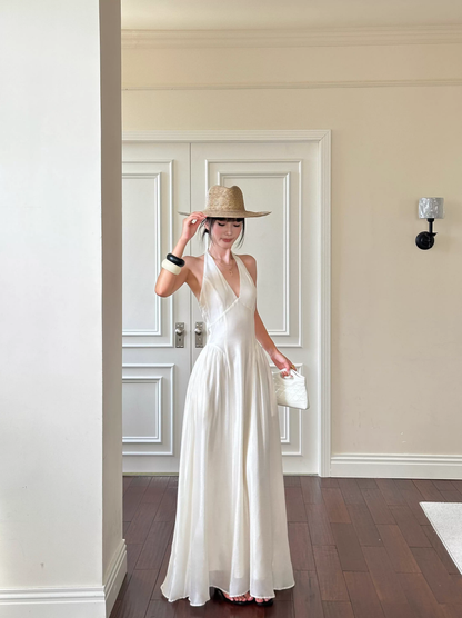 Sexy Halter V Neck White A Line Long Party Dress Formal Evening Gown