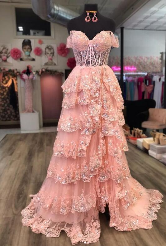Sparkly Prom Dress with Slit Skirt, Wedding Dress,  Graduation School Party Gown Y1812