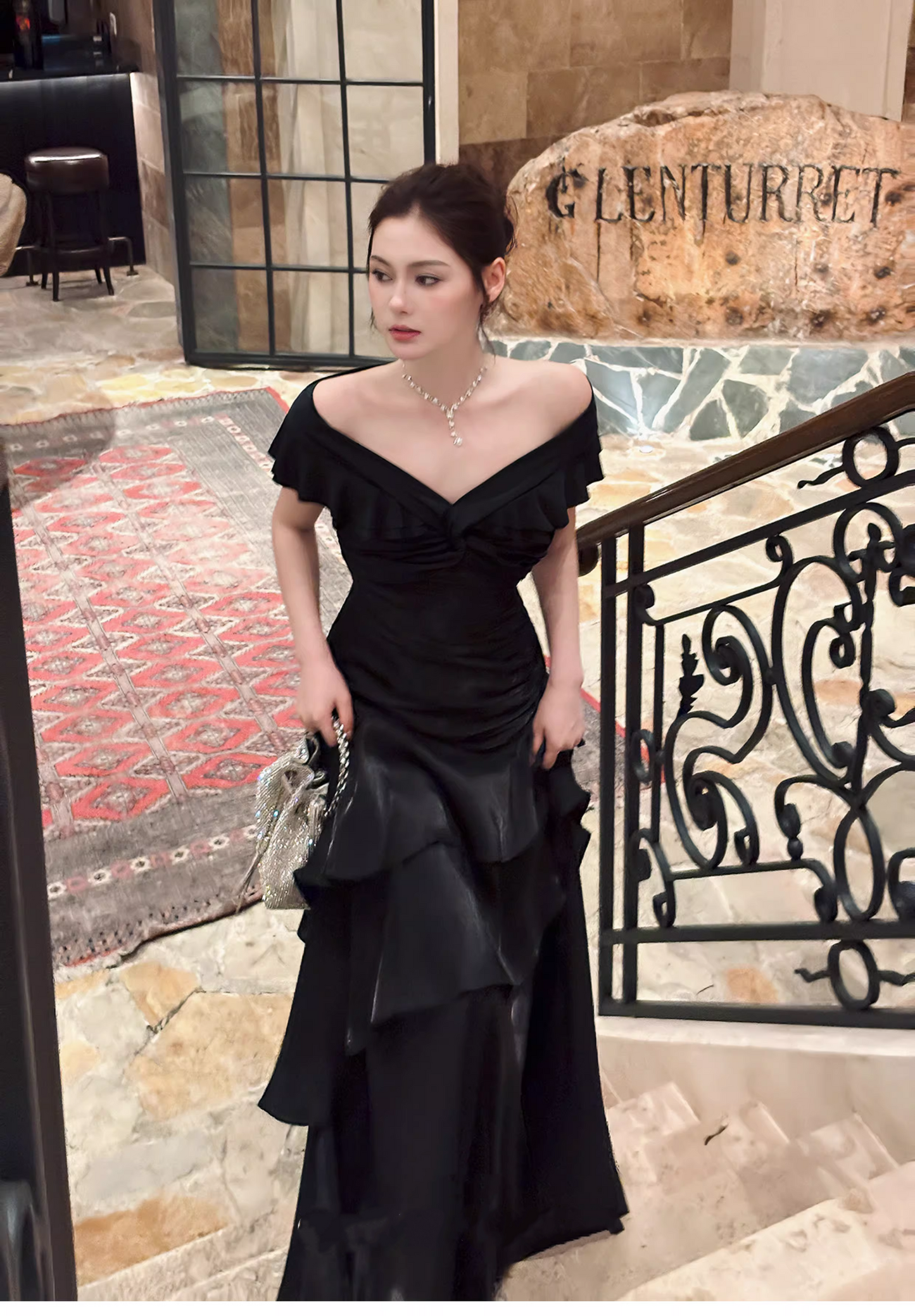 Gorgeous Off The Shoulder Satin Ruffles Layered Mermaid Long Party Dress Black Wedding Guest Dress SP1977