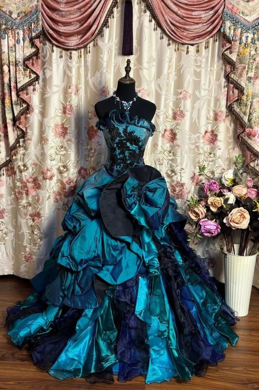 Unique Strapless Satin Pleated Beaded Appliques Ball Gown Formal Prom Dress