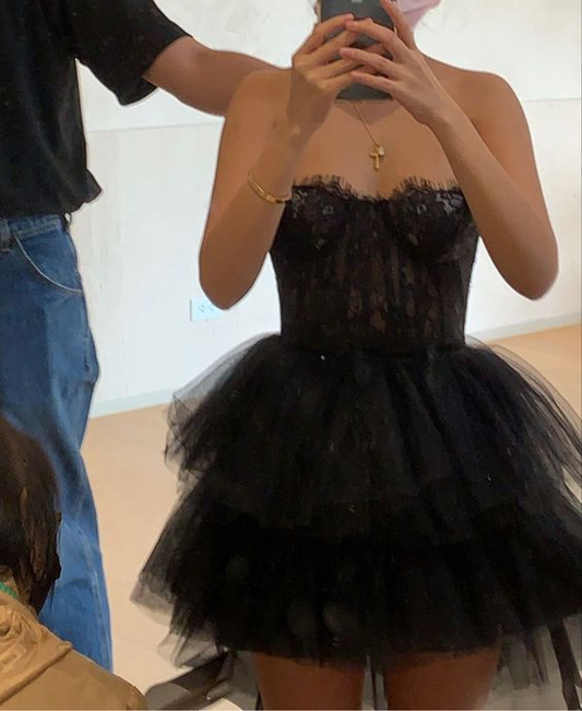 Classy Strapless Black Tulle Lace Mini Birthday Dress Formal Homecoming Dress Y8958