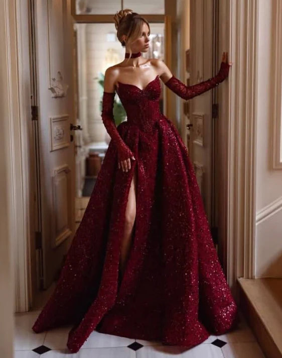 Vintage Sweetheart Burgundy Shiny Sequin Strapless Design A-Line Evening Dress Prom Dress TP4127