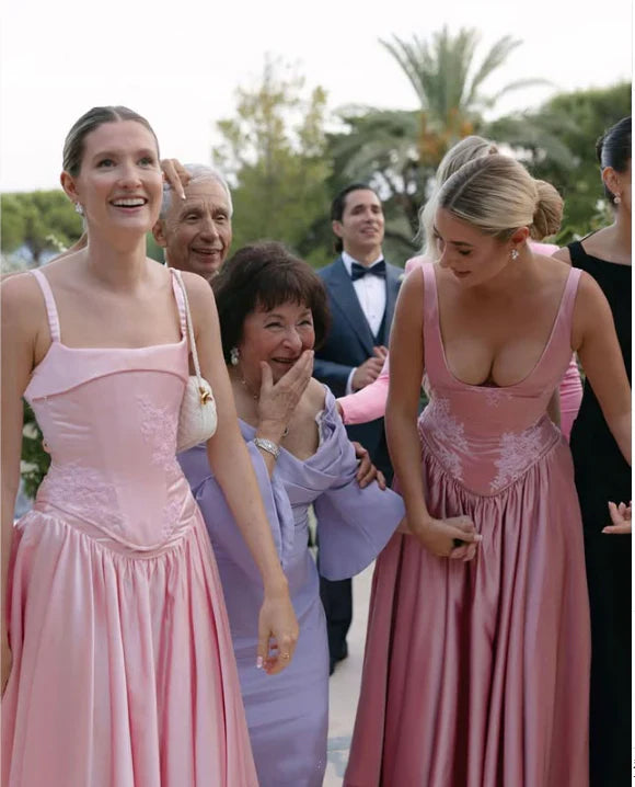 Beautiful Pink Spaghetti Strap Sweetheart A-Line Satin Party Dress Bridesmaid Dress TP4291