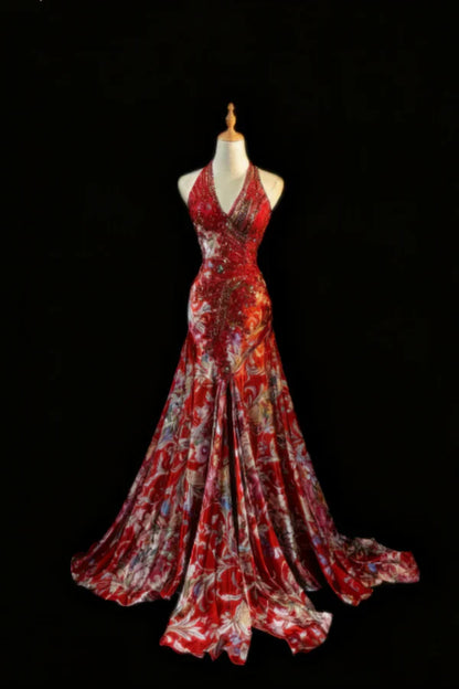 Elegant Floral V-neck Mermaid Evening Gown Beaded Halter-neck Party Dress Long Formal Dress TP4963