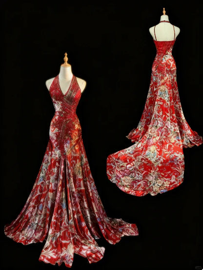 Elegant Floral V-neck Mermaid Evening Gown Beaded Halter-neck Party Dress Long Formal Dress TP4963