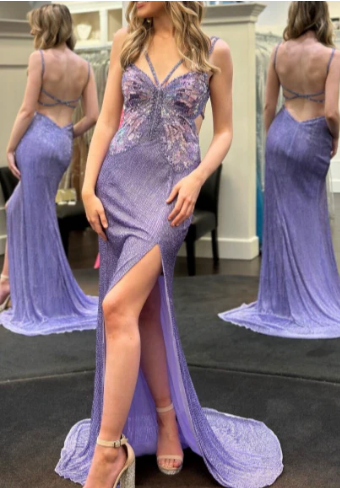 Vintage Purple Strap Chiffon Halter Back High Slit Beaded Evening Gown Prom Dress P3251