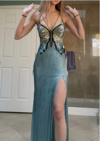 Vintage Purple Strap Chiffon Halter Back High Slit Beaded Evening Gown Prom Dress P3251