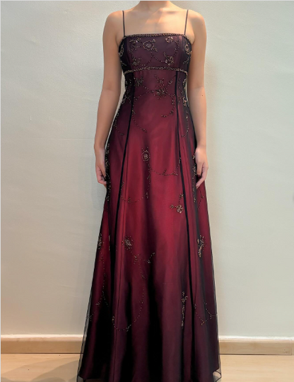 Chic A line Spaghetti Straps Burgundy Sleeveless Evening Dress Tulle Long Prom Dresses P2339