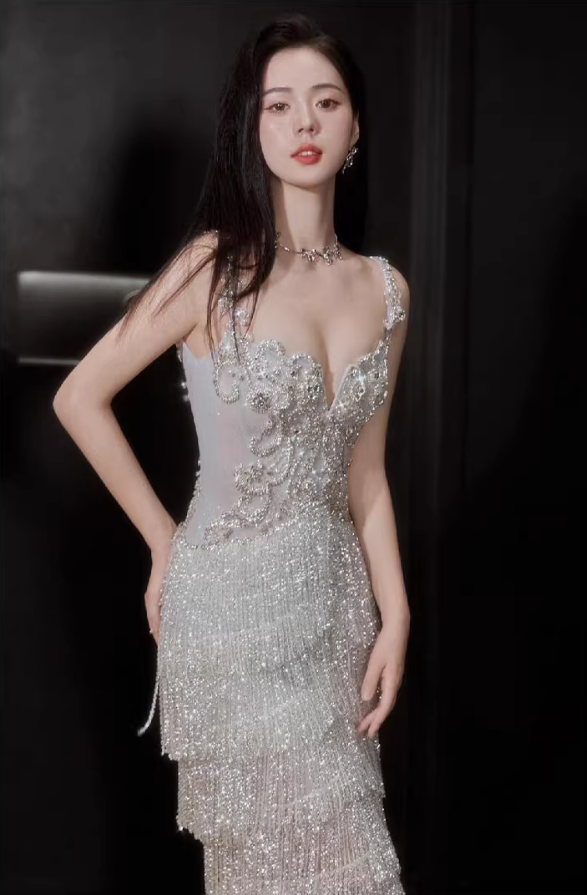 Glitter Spaghetti Straps Silver Satin Beaded Layered Tassel Long Party Dress Evening Gown