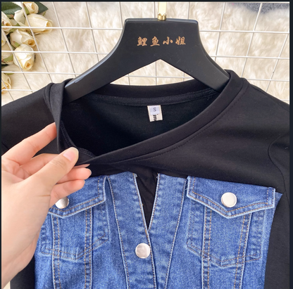 Fashion Design Sense Crew Neck Short Sleeve Patchwork Denim Dress TP2829