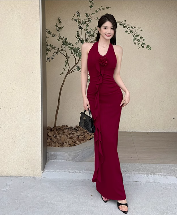 New Simple Red Halter Dress Elegant Party Evening Dress TP2873
