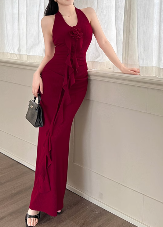 New Simple Red Halter Dress Elegant Party Evening Dress TP2873