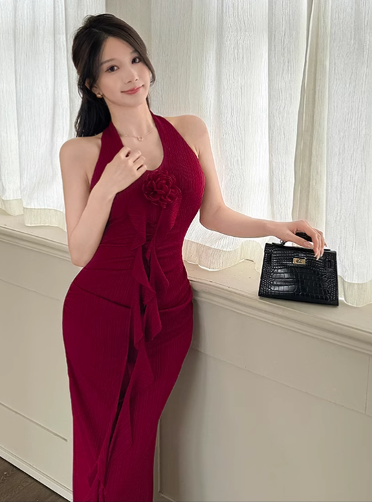 New Simple Red Halter Dress Elegant Party Evening Dress TP2873