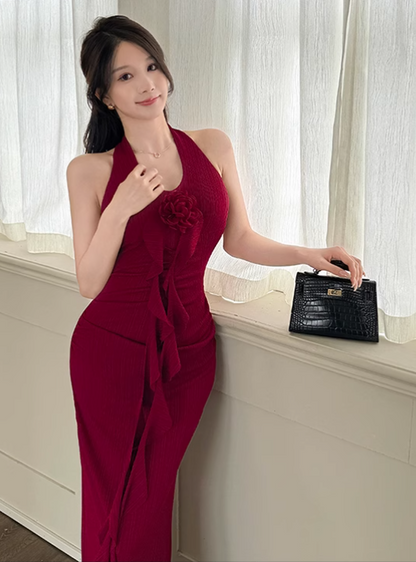 New Simple Red Halter Dress Elegant Party Evening Dress TP2873