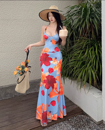 New Simple Holiday Floral Print Dress Sexy Spaghetti Strap Dress TP2884