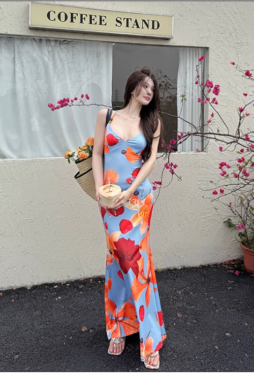 New Simple Holiday Floral Print Dress Sexy Spaghetti Strap Dress TP2884