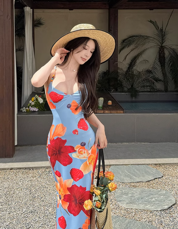 New Simple Holiday Floral Print Dress Sexy Spaghetti Strap Dress TP2884