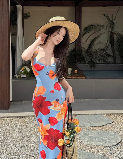 New Simple Holiday Floral Print Dress Sexy Spaghetti Strap Dress TP2884