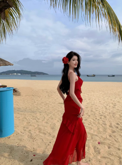 Bright red white suspender dress for women with ruffled slits for travel and holiday R0216