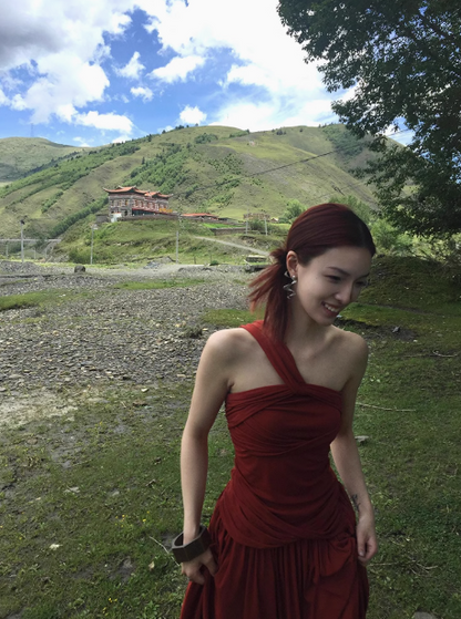 Desert outfit hot girl design one shoulder big swing red holiday dress R0251