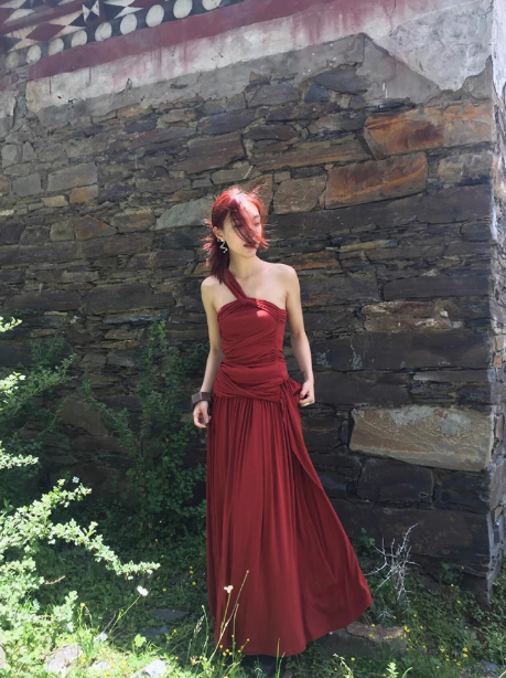 Desert outfit hot girl design one shoulder big swing red holiday dress R0251