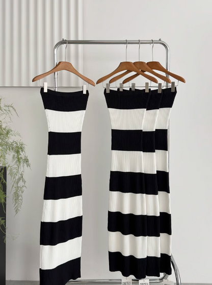 Fashion new black and white knitted striped long one-shoulder waisted hip-wrapped tube top dress R0267