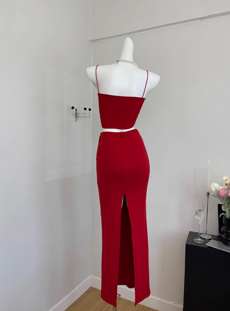2025 summer new beach short sleeveless red flower suspender top sexy hip skirt suit for women R0270
