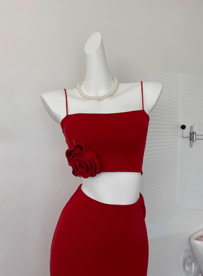 2025 summer new beach short sleeveless red flower suspender top sexy hip skirt suit for women R0270