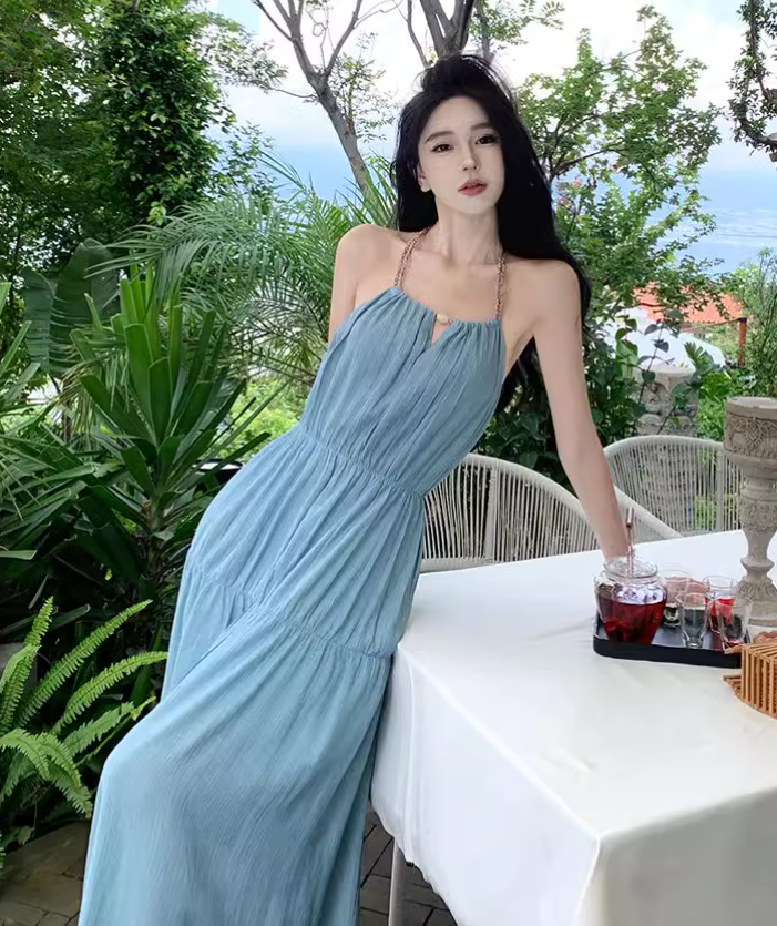 New ashion Light Blue Sleeved Backless Beach Halter Dress TP2974