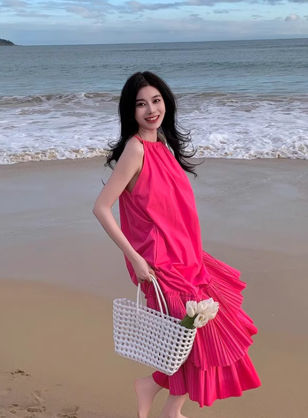 New Fashion Rose Pink Beach Holiday Loose Halter Dress TP2997