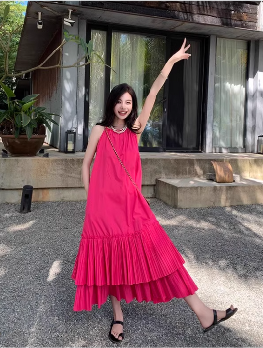 New Fashion Rose Pink Beach Holiday Loose Halter Dress TP2997