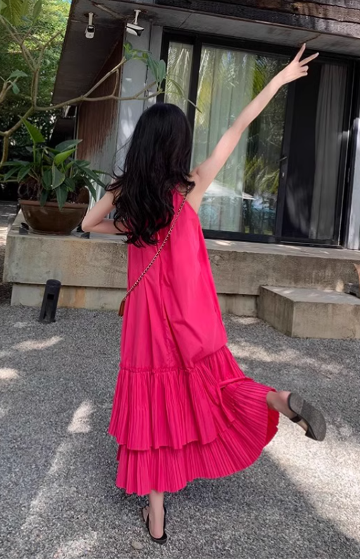 New Fashion Rose Pink Beach Holiday Loose Halter Dress TP2997