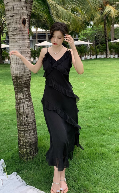 New Fashion Elegant Ruffled Dress Design Spaghetti Strap Dress TP3002