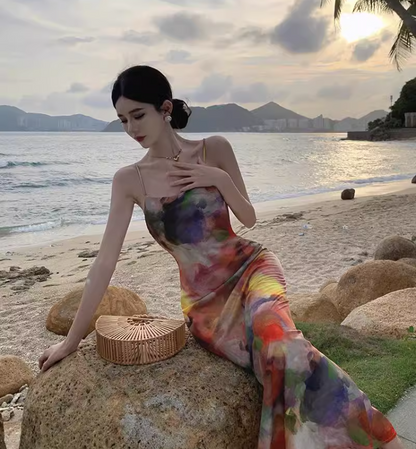 Simple New Painting Style Floral Design Elegant Beach Holiday Spaghetti Strap Dress TP3019