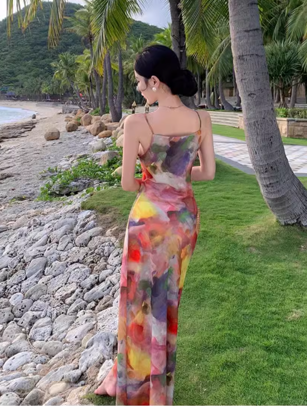 Simple New Painting Style Floral Design Elegant Beach Holiday Spaghetti Strap Dress TP3019