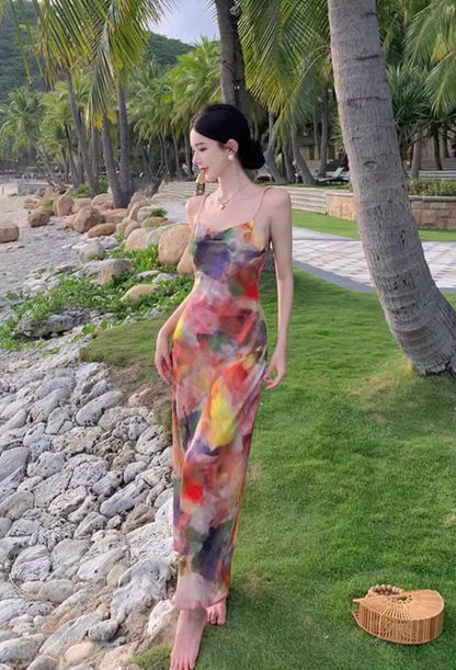 Simple New Painting Style Floral Design Elegant Beach Holiday Spaghetti Strap Dress TP3019
