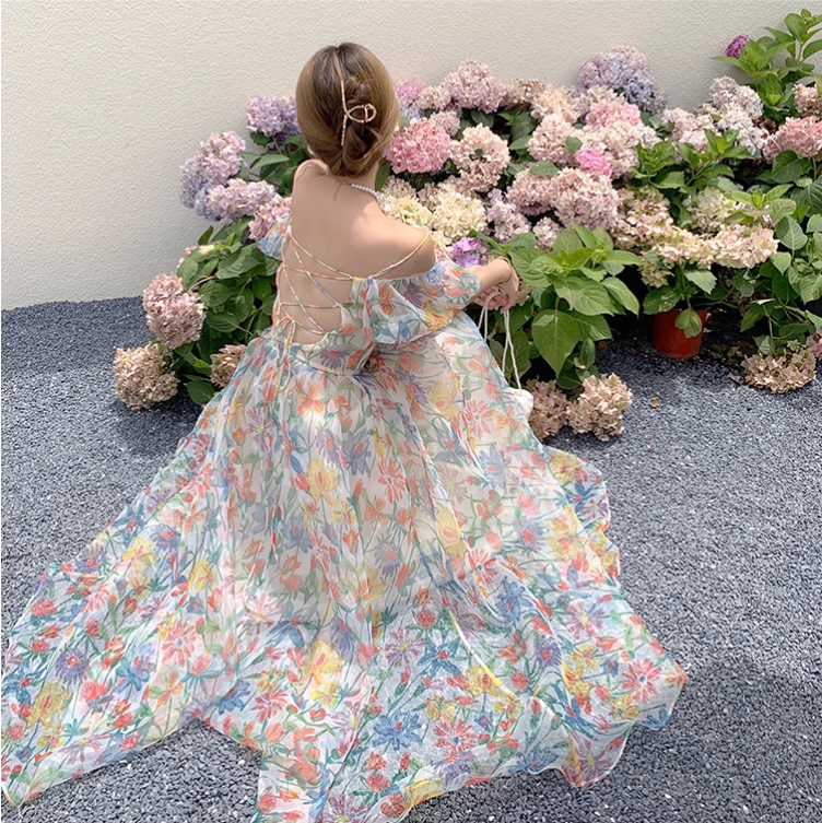 New Elegant Floral Design Puff Sleeves Princess Style Spaghetti Strap Dress TP3020