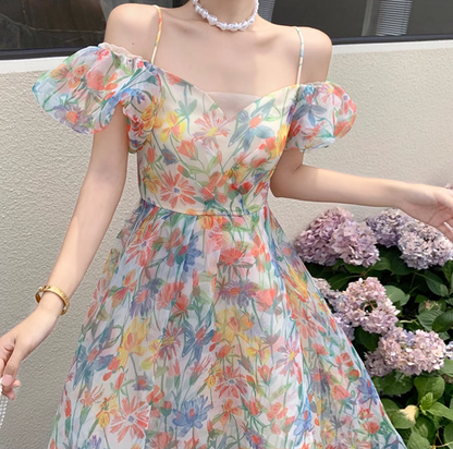 New Elegant Floral Design Puff Sleeves Princess Style Spaghetti Strap Dress TP3020