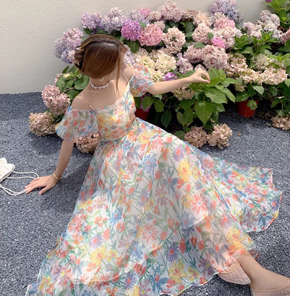 New Elegant Floral Design Puff Sleeves Princess Style Spaghetti Strap Dress TP3020