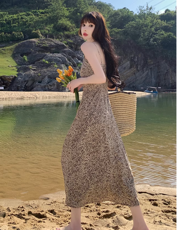 New Stylish Leopard Design A-Line Spaghetti Strap Dress TP3022