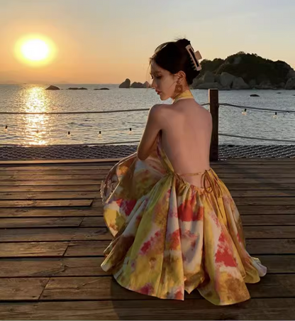 New Stylish Yellow Floral Design A-Line Halter Dress TP3024