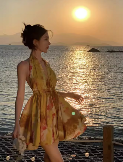 New Stylish Yellow Floral Design A-Line Halter Dress TP3024