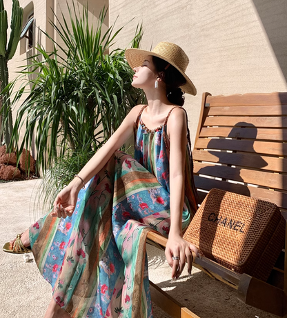 New Elegant Floral Design A-Line Beach Holiday Spaghetti Strap Dress TP3026