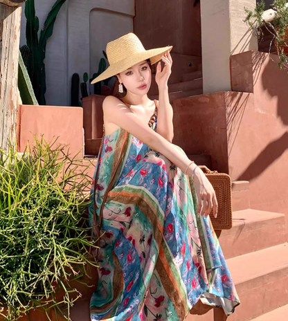 New Elegant Floral Design A-Line Beach Holiday Spaghetti Strap Dress TP3026