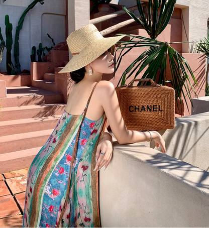 New Elegant Floral Design A-Line Beach Holiday Spaghetti Strap Dress TP3026