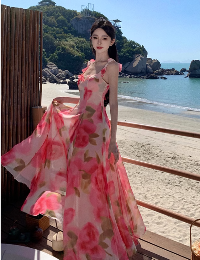 New Simple Pink Floral Design A-Line Beach Holiday Spaghetti Strap Dress TP3028