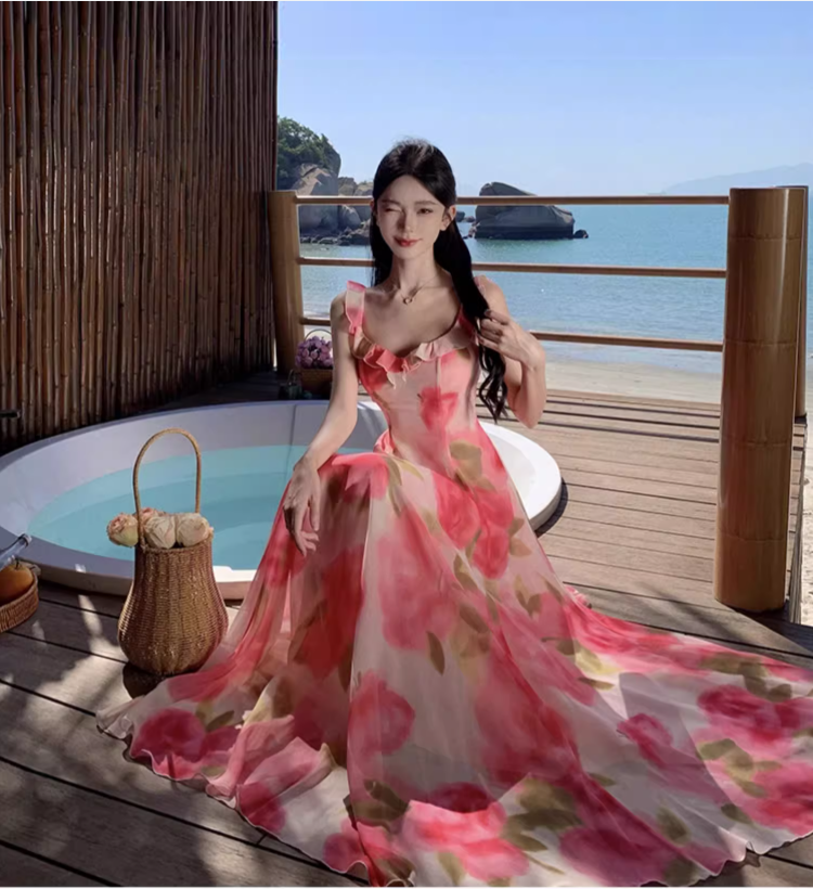 New Simple Pink Floral Design A-Line Beach Holiday Spaghetti Strap Dress TP3028
