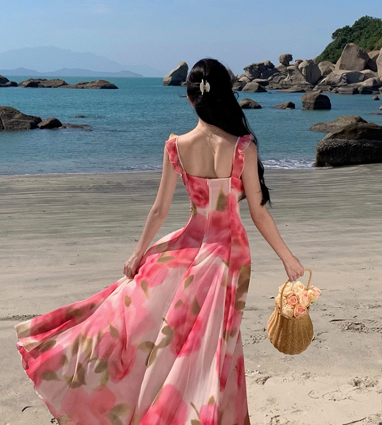 New Simple Pink Floral Design A-Line Beach Holiday Spaghetti Strap Dress TP3028